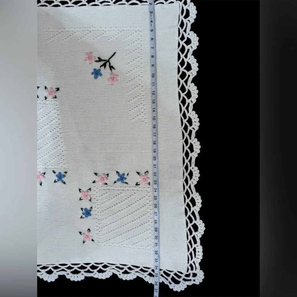 Handmade Dainty White Floral Crocheted and Embroidered Blanket /Throw VTG